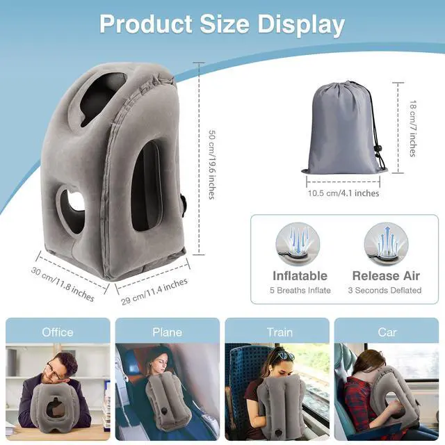Alt view image 6 of 7 - Inflatable Travel Pillow, Comfortable Neck Pillow with Storage Bag Support Shoulder and Neck to Avoid Pain for Airplane Train Office Car Travel Home, Gray