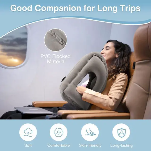 Alt view image 5 of 7 - Inflatable Travel Pillow, Comfortable Neck Pillow with Storage Bag Support Shoulder and Neck to Avoid Pain for Airplane Train Office Car Travel Home, Gray