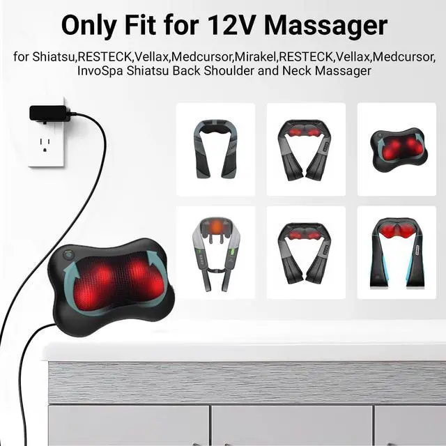 Alt view image 2 of 7 - Massager Power Cord for Zyllion Shiatsu Back and Neck Massager/Nekteck/Comfier Back Shoulder and Neck Massager Charger Supply - 12V - Only Fit for 12V Massager
