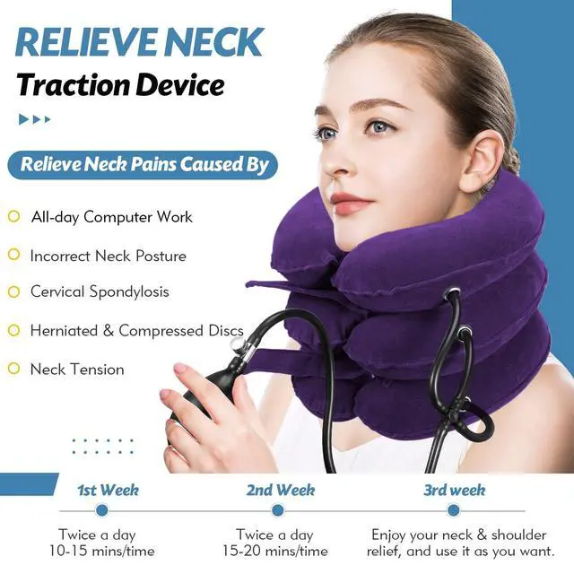 Alt view image 2 of 7 - Neck Stretcher for Neck Pain Relief, Cervical Traction Device, Neck Traction Device, Adjustable Inflatable Neck Brace & Cervical Neck Traction Device Home Use Decompression(Purple)