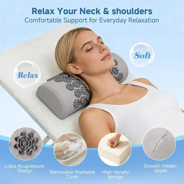 Alt view image 5 of 7 - Acupressure Neck Pillow, Ergonomic Neck Support Pillow with Raised Pressure Points, Neck Rest Pillow for Home, Office, Travel, Reading, Relaxation Gift for Women & Men, Light Gray
