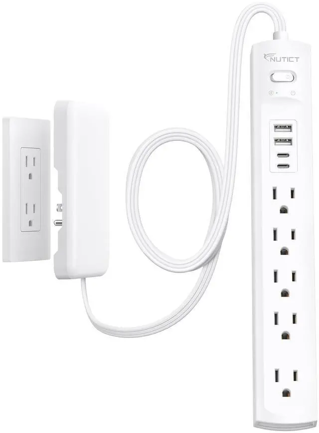 Main image of Flat Plug Power Strip 3ft, Outlet Cover Extension Cord with 5 Outlets and 4 USB Ports, 1440J Surge Protector, 10A/1250W, White Flat Wall Plug Extension Cord Ideal for Home Office Furniture