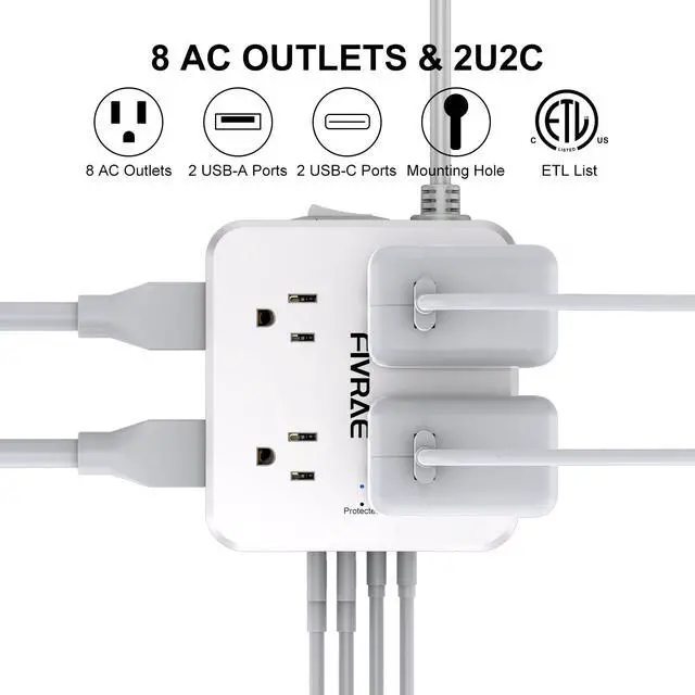 Alt view image 2 of 7 - 10Ft Flat Plug Extension Cord with Multiple Outlets, FIVRAE 10 Ft Long Cord Surge Protector Power Strip with 8 Outlets and 4 USB Ports for Home Office, College Dorm Room Essentials, ETL, White