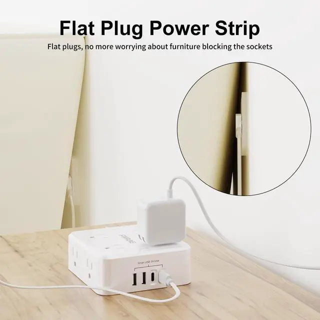 Alt view image 4 of 7 - 10Ft Flat Plug Extension Cord with Multiple Outlets, FIVRAE 10 Ft Long Cord Surge Protector Power Strip with 8 Outlets and 4 USB Ports for Home Office, College Dorm Room Essentials, ETL, White