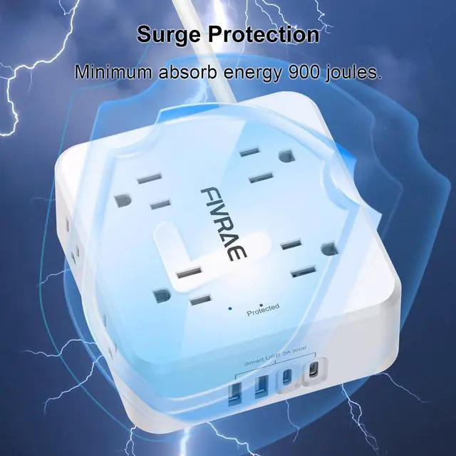 Alt view image 5 of 7 - 10Ft Flat Plug Extension Cord with Multiple Outlets, FIVRAE 10 Ft Long Cord Surge Protector Power Strip with 8 Outlets and 4 USB Ports for Home Office, College Dorm Room Essentials, ETL, White