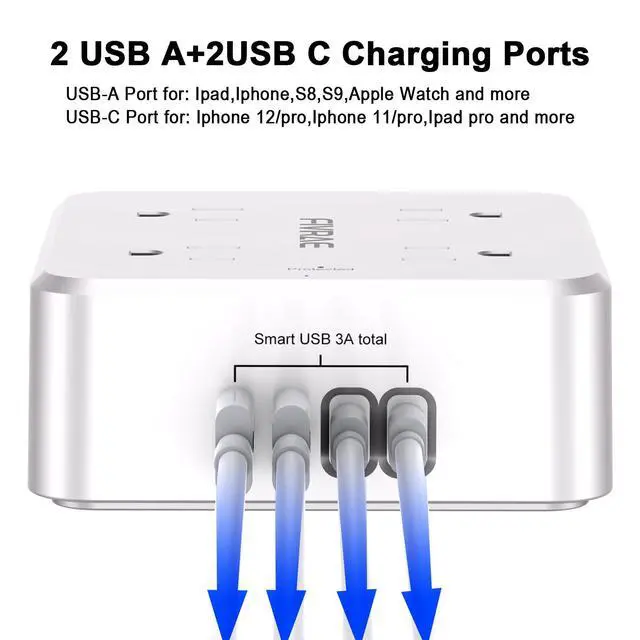 Alt view image 3 of 7 - 10Ft Flat Plug Extension Cord with Multiple Outlets, FIVRAE 10 Ft Long Cord Surge Protector Power Strip with 8 Outlets and 4 USB Ports for Home Office, College Dorm Room Essentials, ETL, White