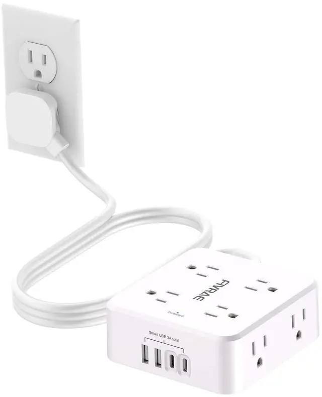 Main image of 10Ft Flat Plug Extension Cord with Multiple Outlets, FIVRAE 10 Ft Long Cord Surge Protector Power Strip with 8 Outlets and 4 USB Ports for Home Office, College Dorm Room Essentials, ETL, White
