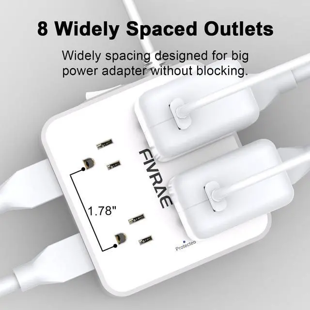 Alt view image 6 of 7 - 10Ft Flat Plug Extension Cord with Multiple Outlets, FIVRAE 10 Ft Long Cord Surge Protector Power Strip with 8 Outlets and 4 USB Ports for Home Office, College Dorm Room Essentials, ETL, White