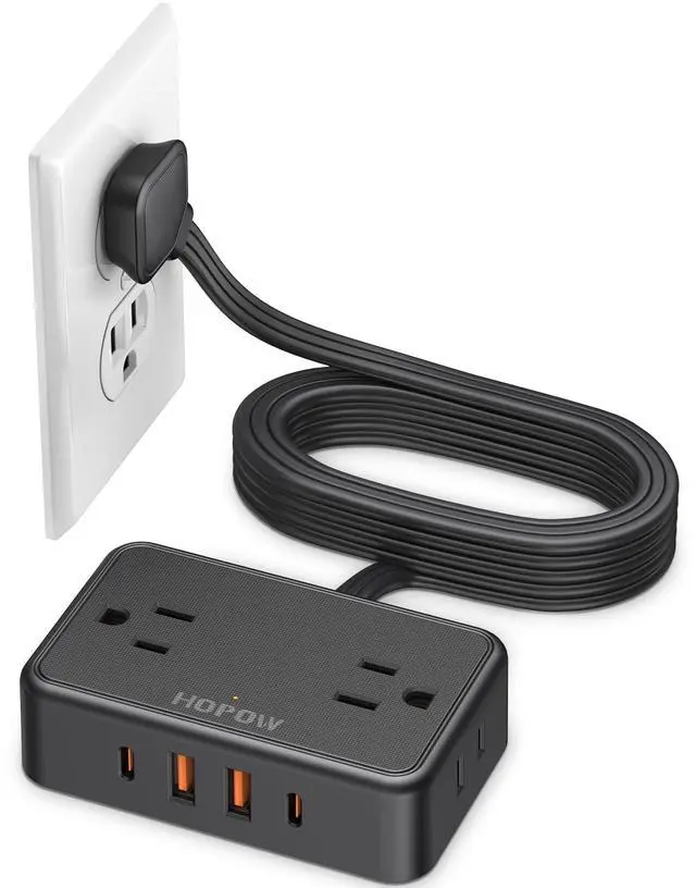 Main image of Flat Plug Extension Cord, 6 Ft Ultra Thin Power Strip, 4 AC Wide Spaced outlets and 4 USB (2 USB-C) Ports, No Surge Protector for Cruise Ship, Travel, Dorm Room Essentials (Black)