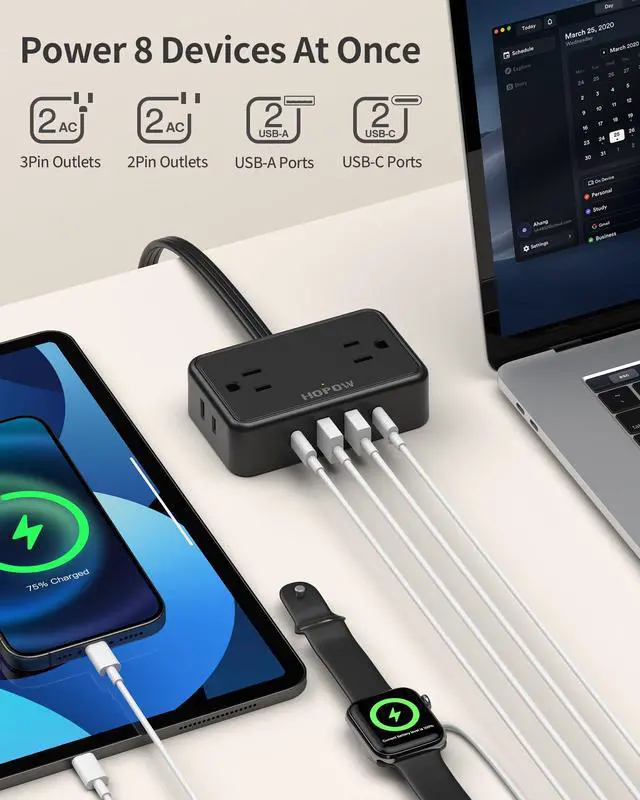Alt view image 2 of 7 - Flat Plug Extension Cord, 6 Ft Ultra Thin Power Strip, 4 AC Wide Spaced outlets and 4 USB (2 USB-C) Ports, No Surge Protector for Cruise Ship, Travel, Dorm Room Essentials (Black)