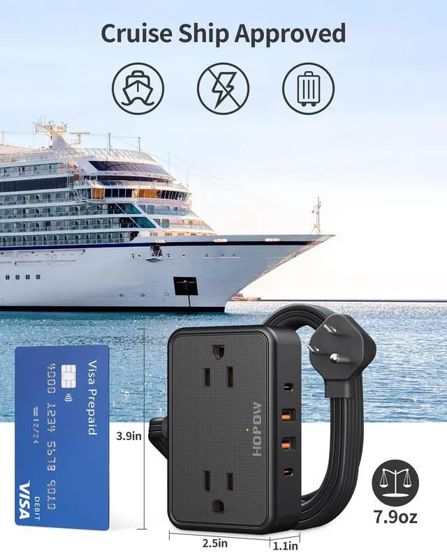 Alt view image 6 of 7 - Flat Plug Extension Cord, 6 Ft Ultra Thin Power Strip, 4 AC Wide Spaced outlets and 4 USB (2 USB-C) Ports, No Surge Protector for Cruise Ship, Travel, Dorm Room Essentials (Black)