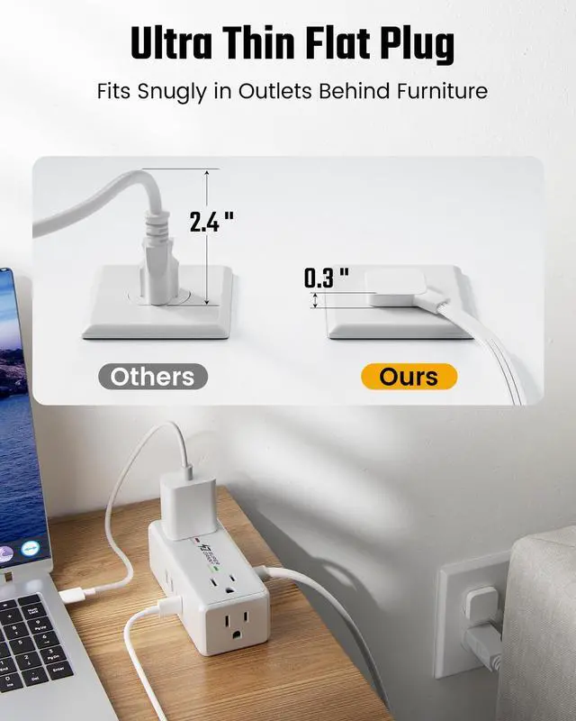 Alt view image 4 of 7 - 3Ft Extension Cord with Multiple Outlets, Flat Plug Surge Protector Power Strip Short Extension Cord 3 Ft, 4 Outlets & 4 USB Ports (2 USB C), Charging Station for Home Office, Dorm Room Essentials