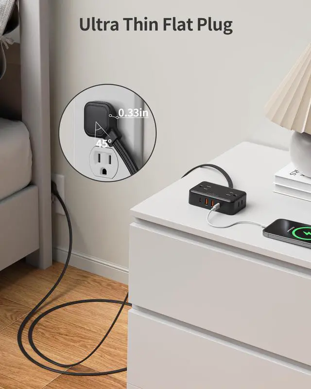 Alt view image 3 of 7 - Flat Plug Extension Cord, 6 Ft Ultra Thin Power Strip, 4 AC Wide Spaced outlets and 4 USB (2 USB-C) Ports, No Surge Protector for Cruise Ship, Travel, Dorm Room Essentials (Black)