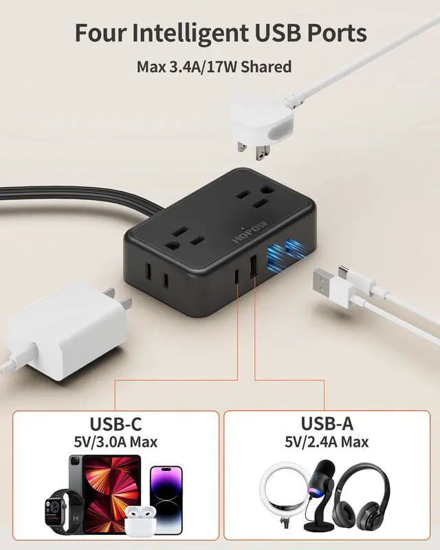 Alt view image 5 of 7 - Flat Plug Extension Cord, 6 Ft Ultra Thin Power Strip, 4 AC Wide Spaced outlets and 4 USB (2 USB-C) Ports, No Surge Protector for Cruise Ship, Travel, Dorm Room Essentials (Black)