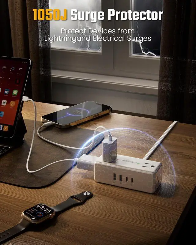 Alt view image 6 of 7 - 3Ft Extension Cord with Multiple Outlets, Flat Plug Surge Protector Power Strip Short Extension Cord 3 Ft, 4 Outlets & 4 USB Ports (2 USB C), Charging Station for Home Office, Dorm Room Essentials