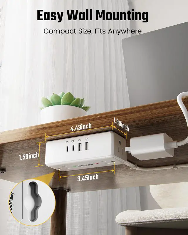 Alt view image 7 of 7 - 3Ft Extension Cord with Multiple Outlets, Flat Plug Surge Protector Power Strip Short Extension Cord 3 Ft, 4 Outlets & 4 USB Ports (2 USB C), Charging Station for Home Office, Dorm Room Essentials