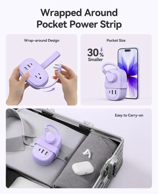 Alt view image 2 of 7 - Cruise Approved Power Strip for Travel, 5 in 1 Extension Cord with 2 AC Outlets 2 USB-A and 1 USB-C Ports, 3.7 ft Flat Plug Wrapped Around Power Strip for Cruise Office, Hotel, Home- AP3