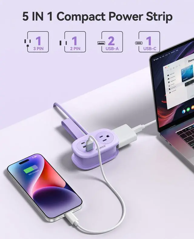 Alt view image 4 of 7 - Cruise Approved Power Strip for Travel, 5 in 1 Extension Cord with 2 AC Outlets 2 USB-A and 1 USB-C Ports, 3.7 ft Flat Plug Wrapped Around Power Strip for Cruise Office, Hotel, Home- AP3