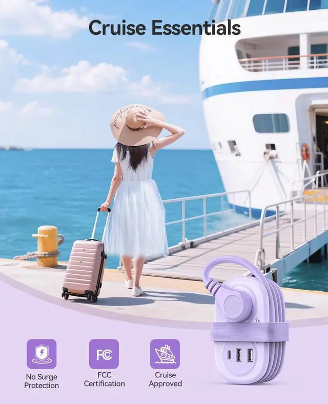 Alt view image 7 of 7 - Cruise Approved Power Strip for Travel, 5 in 1 Extension Cord with 2 AC Outlets 2 USB-A and 1 USB-C Ports, 3.7 ft Flat Plug Wrapped Around Power Strip for Cruise Office, Hotel, Home- AP3