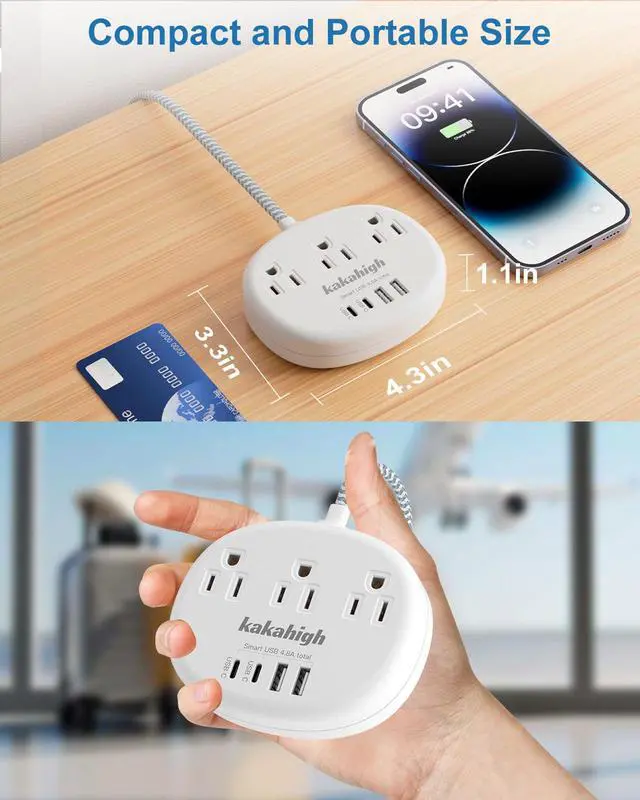 Alt view image 4 of 7 - Small Extension Cord with USB C - 5 FT Short Extension Cord, 1625W 3 Prong Power Strip with 3 AC Outlet 4 USB (24W/4.8A), Bedside Charging Station for Home Office Dorm Room Essentials