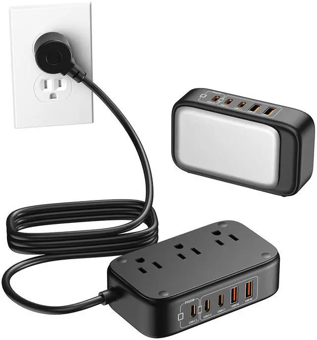 Main image of Portable Travel Power Strip 8-in-1 with PD20W Fast Charging 5 USB Ports 2500W AC Outlets 5FT Flat Plug Extension Cord for Home Office Travel