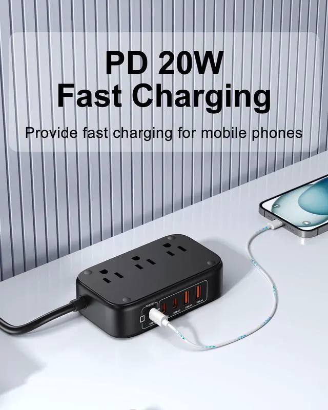Alt view image 4 of 7 - Portable Travel Power Strip 8-in-1 with PD20W Fast Charging 5 USB Ports 2500W AC Outlets 5FT Flat Plug Extension Cord for Home Office Travel