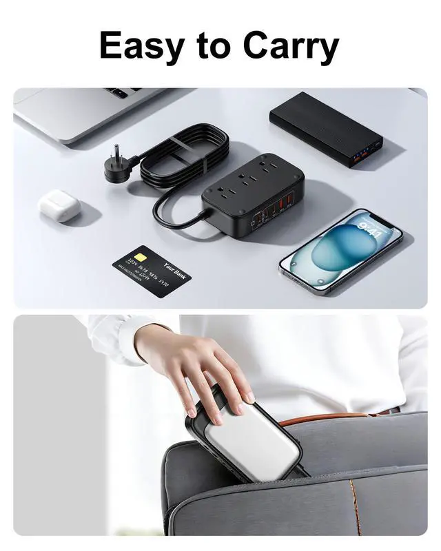 Alt view image 7 of 7 - Portable Travel Power Strip 8-in-1 with PD20W Fast Charging 5 USB Ports 2500W AC Outlets 5FT Flat Plug Extension Cord for Home Office Travel