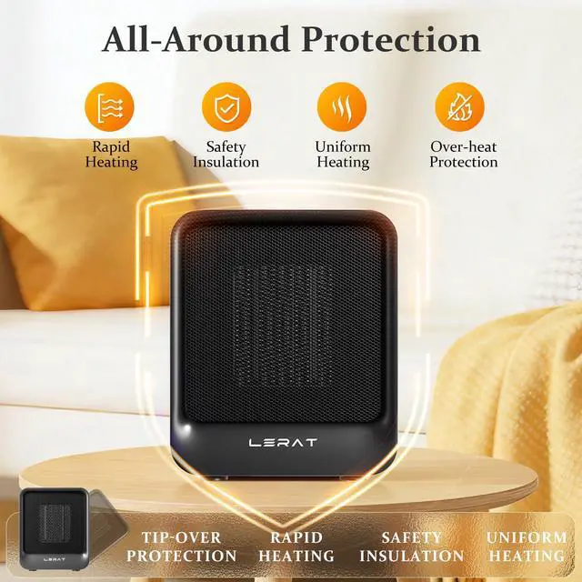 Alt view image 3 of 7 - Space Heater, Portable Mini Heater for Indoor Use, 500W Fast Heating Small Desk Heater with Overheating & Tip-Over Protection, Lightweight Electric Heaters for Office, Home, CampingBlack
