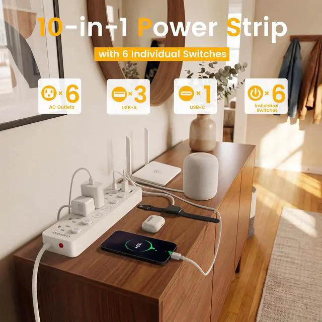Alt view image 2 of 7 - 6Ft Power Strip with Individual On/Off Switches, Flat Plug Extension Cord with 6 Outlets & 4 USB Ports(1 USB-C), Cruise Approved (No Surge Protector), Desk Charging Station for Home Office Dorm Travel