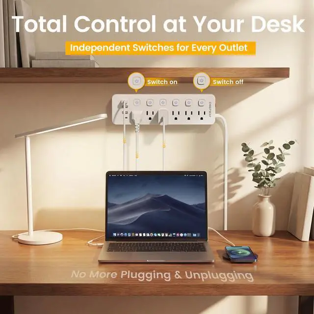 Alt view image 3 of 7 - 6Ft Power Strip with Individual On/Off Switches, Flat Plug Extension Cord with 6 Outlets & 4 USB Ports(1 USB-C), Cruise Approved (No Surge Protector), Desk Charging Station for Home Office Dorm Travel