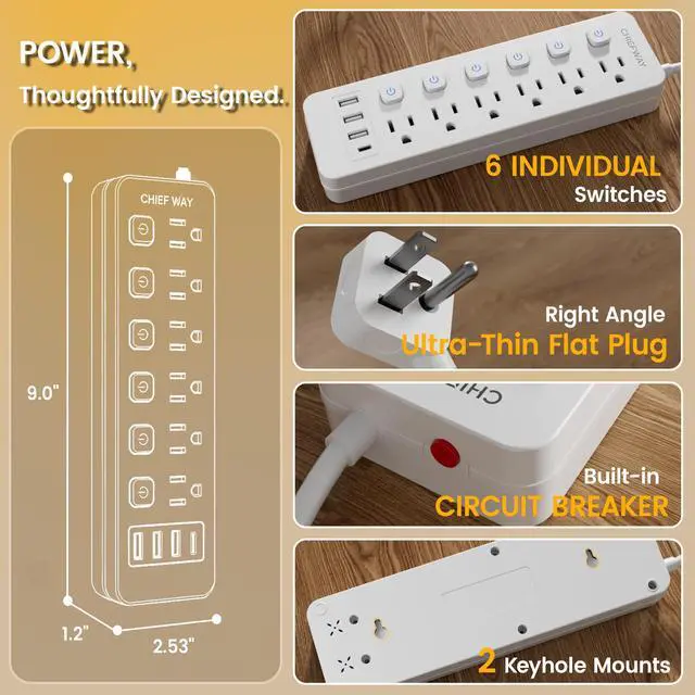 Alt view image 7 of 7 - 6Ft Power Strip with Individual On/Off Switches, Flat Plug Extension Cord with 6 Outlets & 4 USB Ports(1 USB-C), Cruise Approved (No Surge Protector), Desk Charging Station for Home Office Dorm Travel