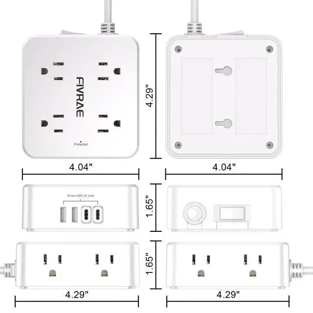 Alt view image 7 of 7 - 10Ft Flat Plug Extension Cord with Multiple Outlets, FIVRAE 10 Ft Long Cord Surge Protector Power Strip with 8 Outlets and 4 USB Ports for Home Office, College Dorm Room Essentials, ETL, White