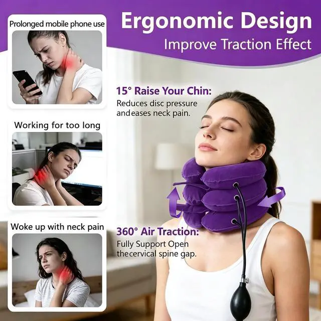 Alt view image 2 of 7 - Inflatable Purple Cervical Neck Traction Brace, Adjustable Neck Stretcher for Instant Neck Pain Relief & Spine Decompression, Portable Design for Relax Your Neck Anytime Anywhere at Home Travel Office