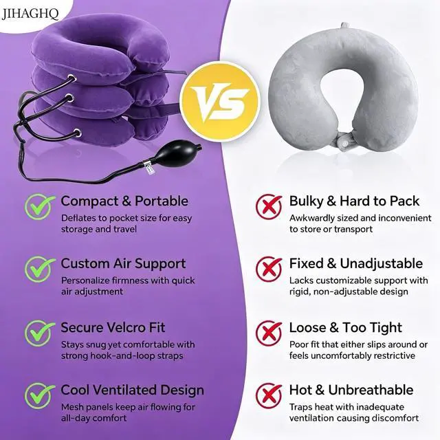 Alt view image 3 of 7 - Inflatable Purple Cervical Neck Traction Brace, Adjustable Neck Stretcher for Instant Neck Pain Relief & Spine Decompression, Portable Design for Relax Your Neck Anytime Anywhere at Home Travel Office