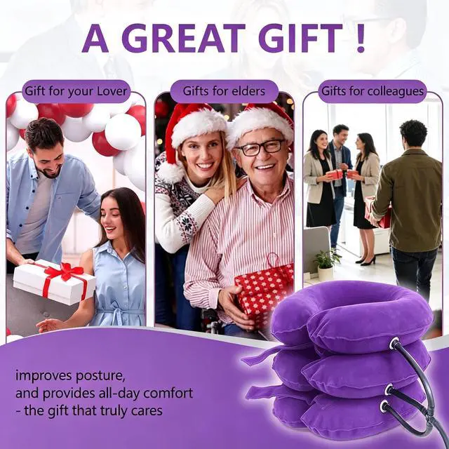 Alt view image 7 of 7 - Inflatable Purple Cervical Neck Traction Brace, Adjustable Neck Stretcher for Instant Neck Pain Relief & Spine Decompression, Portable Design for Relax Your Neck Anytime Anywhere at Home Travel Office