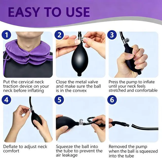Alt view image 6 of 7 - Inflatable Purple Cervical Neck Traction Brace, Adjustable Neck Stretcher for Instant Neck Pain Relief & Spine Decompression, Portable Design for Relax Your Neck Anytime Anywhere at Home Travel Office