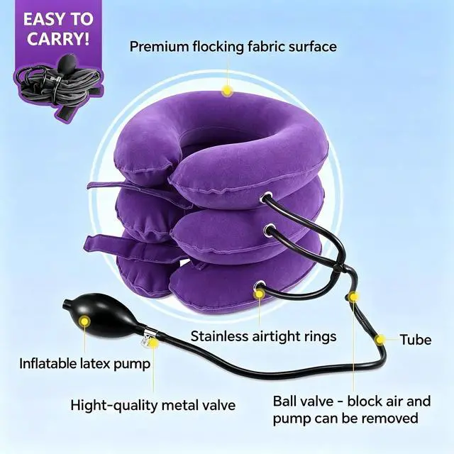 Alt view image 5 of 7 - Inflatable Purple Cervical Neck Traction Brace, Adjustable Neck Stretcher for Instant Neck Pain Relief & Spine Decompression, Portable Design for Relax Your Neck Anytime Anywhere at Home Travel Office