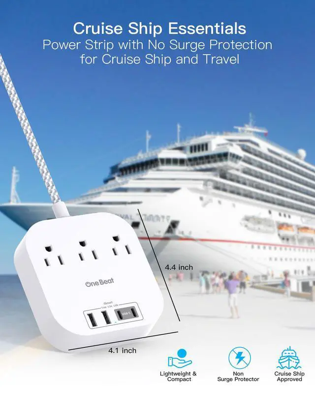 Alt view image 4 of 7 - Power Strip with USB C, 3 Outlets 4 USB Ports (22.5W/4.5A) Desktop Charging Station, Flat Plug, 6ft Braided Extension Cord, Non Surge Protector for Travel, Cruise Ship, ETL Listed