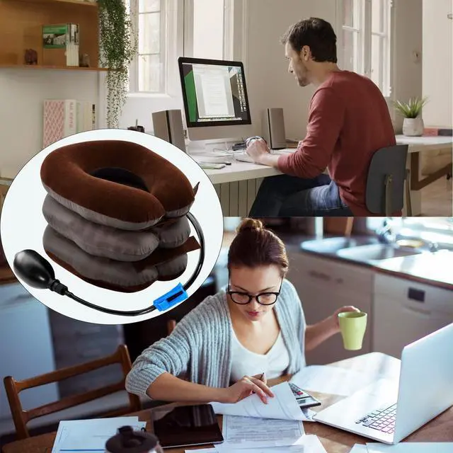 Alt view image 4 of 6 - Cervical Neck Traction Device for Instant Neck Pain Relief Inflatable Adjustable Neck Stretcher Neck Support Brace Neck Traction Pillow for Home Use Neck Decompression(Brown)