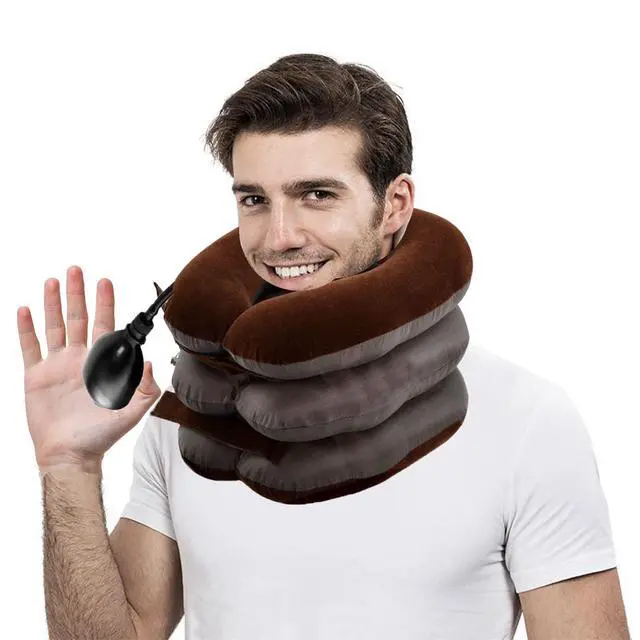 Alt view image 2 of 6 - Cervical Neck Traction Device for Instant Neck Pain Relief Inflatable Adjustable Neck Stretcher Neck Support Brace Neck Traction Pillow for Home Use Neck Decompression(Brown)