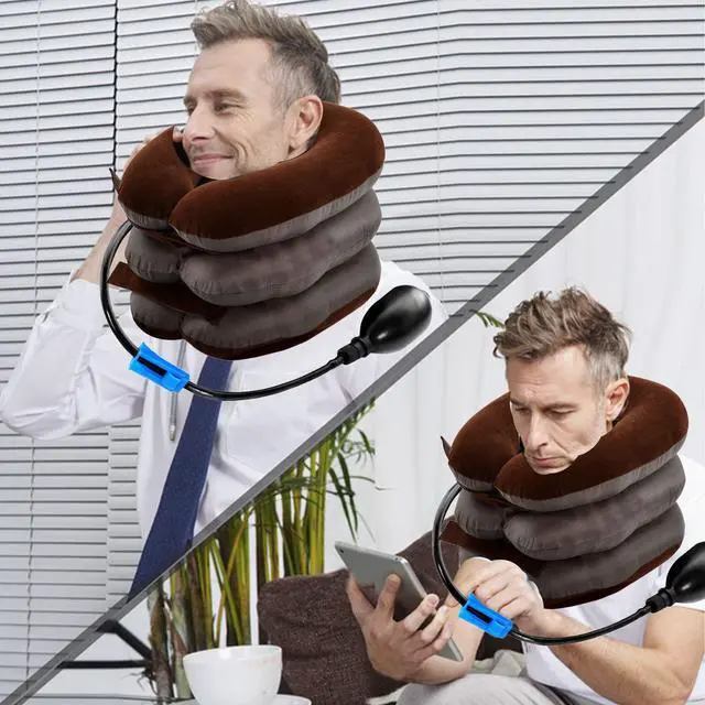 Alt view image 5 of 6 - Cervical Neck Traction Device for Instant Neck Pain Relief Inflatable Adjustable Neck Stretcher Neck Support Brace Neck Traction Pillow for Home Use Neck Decompression(Brown)