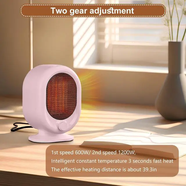 Alt view image 3 of 6 - Mini Space Heater,1500W Small Desk Heater,2 Gears Adjustable,PTC Ceramic Heating,Tip-over & Overheat Protection,Fast Heating and Super Quiet Pink