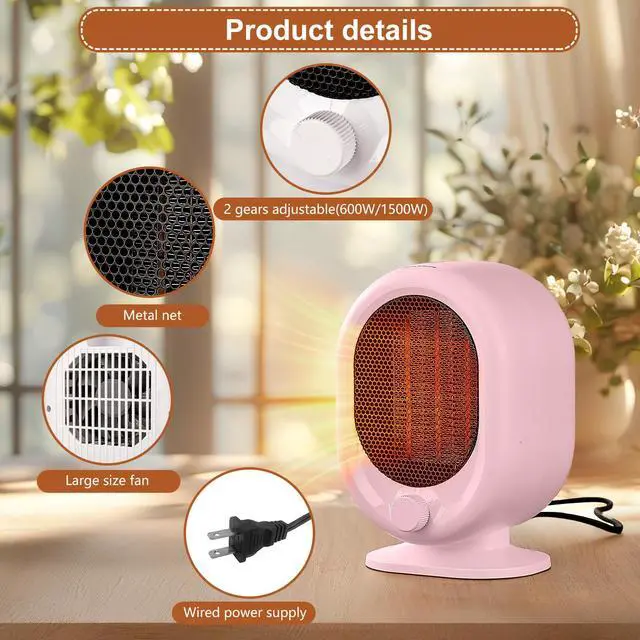 Alt view image 2 of 6 - Mini Space Heater,1500W Small Desk Heater,2 Gears Adjustable,PTC Ceramic Heating,Tip-over & Overheat Protection,Fast Heating and Super Quiet Pink