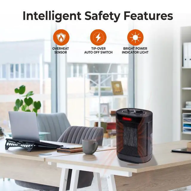 Alt view image 2 of 5 - Compact Electric Space Heater for Indoor Use 1500W Fan-Forced PTC Ceramic Heater with Adjustable Thermostat, 3 Heat Settings, Tip-Over & Overheat Protection, ETL Listed Black