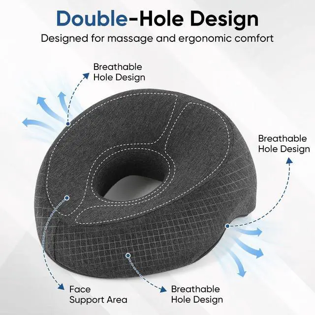 Alt view image 2 of 7 - Face Down Adjustable Memory Foam Pillow with 2 Air Vents - Stomach Sleep & Post-Eye Surgery Headrest with Massage Cushion for Recovery (Dark Gray, Medium)