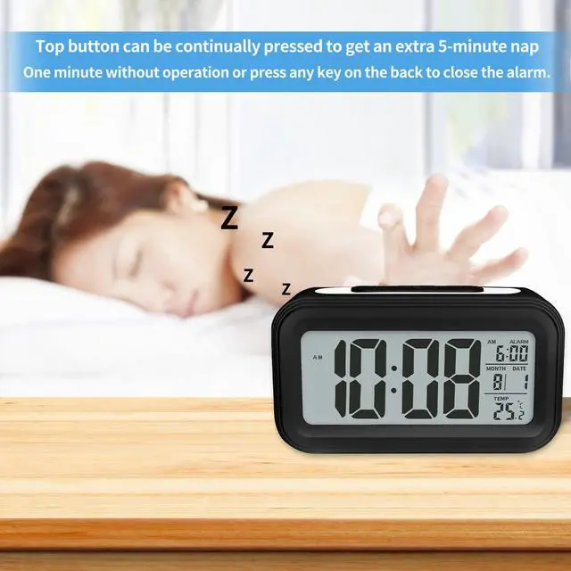 Alt view image 2 of 5 - Digital Alarm Clock with Indoor Temperature, Battery Operated,Snooze Model,12/24H Display for Bedrooms Heavy Sleepers Kids Travel Bathroom Desk Smart Clock