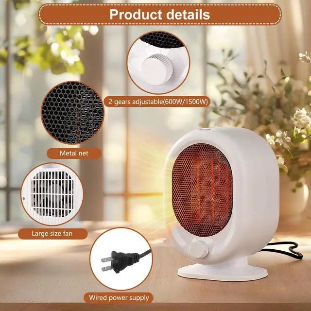 Alt view image 2 of 6 - Mini Space Heater,1500W Small Desk Heater,2 Gears Adjustable,PTC Ceramic Heating,Tip-over & Overheat Protection,Fast Heating and Super Quiet White