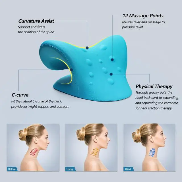 Alt view image 2 of 7 - Neck Stretcher for Neck Pain Relief, Neck and Shoulder Relaxer Cervical Traction Device Pillow for TMJ Pain Relief and Muscle Relax, Cervical Spine Alignment Chiropractic Pillow (Blue)