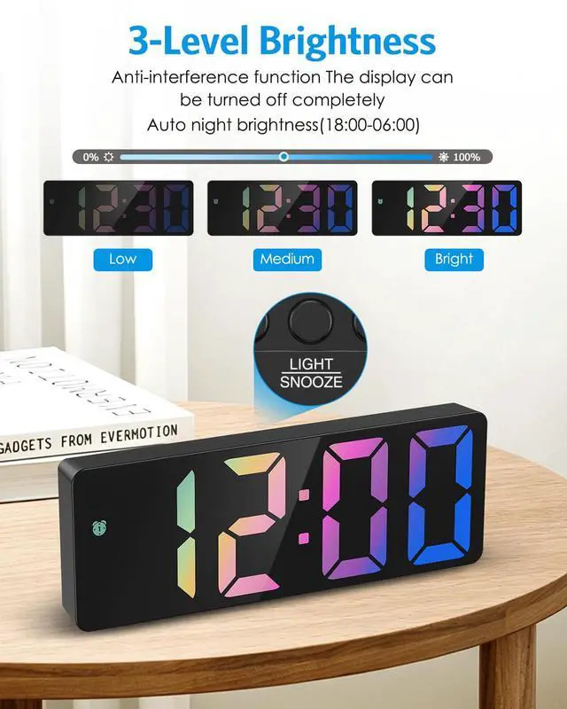 Alt view image 2 of 7 - Digital Alarm Clock Large Display, LED Alarm for Bedroom, USB/Battery Powered Bedside Alarm Clock with Snooze, 12/24H, 3 Adjustable Brightness, Temperature, Desk Clock for Home, Office, Colorful