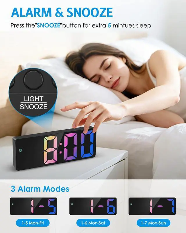 Alt view image 3 of 7 - Digital Alarm Clock Large Display, LED Alarm for Bedroom, USB/Battery Powered Bedside Alarm Clock with Snooze, 12/24H, 3 Adjustable Brightness, Temperature, Desk Clock for Home, Office, Colorful
